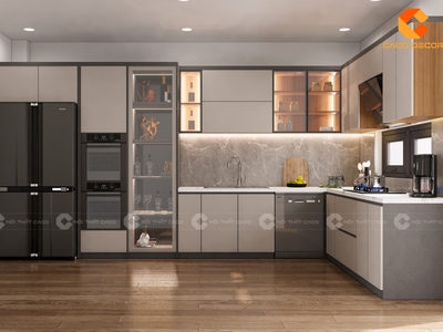 Tủ Bếp Gỗ Công Nghiệp Chữ L Kết Hợp Tủ Trưng Bày Hiện Đại 2