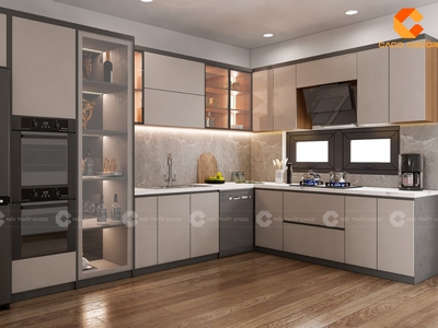 Tủ Bếp Gỗ Công Nghiệp Chữ L Kết Hợp Tủ Trưng Bày Hiện Đại 1