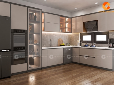 Tủ Bếp Gỗ Công Nghiệp Chữ L Kết Hợp Tủ Trưng Bày Hiện Đại 0