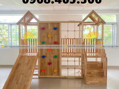 Cầu trượt thang leo gỗ mầm non, thang leo gỗ liên hoàn trẻ em 3