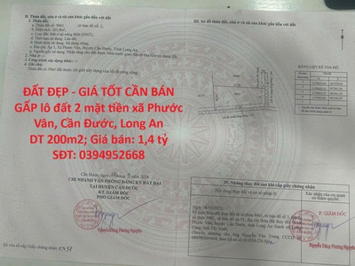 Đất đẹp - giá tốt cần bán gấp lô đất 2 mặt tiền xã phước vân, cần đước, long an 0