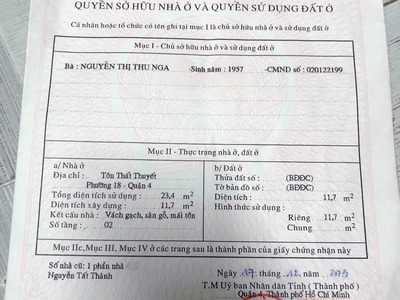 Bán nhà hẻm Tôn THất Thuyêt, q.4 giá 1 tỷ 490 sổ hồng riêng 8