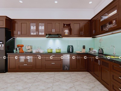Tủ Bếp Gỗ Sồi Tự Nhiên Chữ L Sang Trọng, Tiện Nghi 1