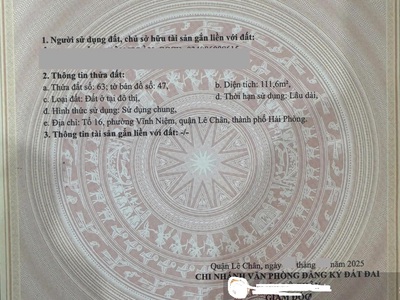 Đất mặt đường trực cát - vĩnh niệm, 112m, mặt tiền 5m, vị trí siêu đẹp, giá 10 tỉ 3