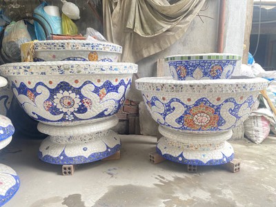 Chậu hoa dán miễng sành - chậu khảm sành sứ - nghệ nhân dán miễng sành sứ ,khảm miễng 8