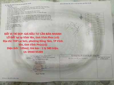 Đất vị trí đẹp- giá đầu tư cần bán nhanh lô đất tại tp vĩnh yên, tỉnh vĩnh phúc  cũ 0