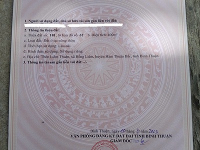 Bán 400m2 đất mặt đường bê tông tại thôn liêm thuận, xã hồng liêm, hàm thuận bắc, bình thuận 0