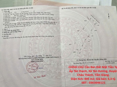 Chính chủ cần bán đất mặt tiền tại ấp tân thạnh, xã tân hương, huyện châu thành, tiền giang. 0