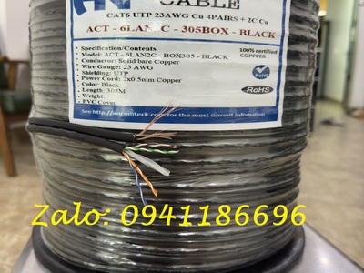 Cáp mạng liền nguồn Cat6 UTP   2C lõi đồng liền nguồn ANCOMTECK mã ACT-6LAN2C-305BK 8