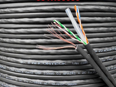 Cáp mạng liền nguồn Cat6 UTP   2C lõi đồng liền nguồn ANCOMTECK mã ACT-6LAN2C-305BK 1