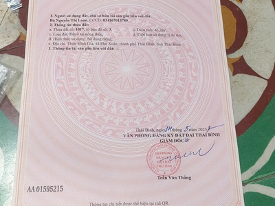 Bán lô đất 45,2m2 full thổ cư thuộc  thôn vĩnh gia   phú xuân   thái bình. 0