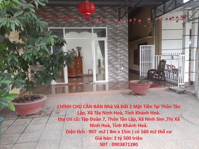 Chính chủ cần bán nhà và đát 2 mặt tiền tại thôn tân lập, xã tây ninh hoà, tỉnh khánh hoà. 0