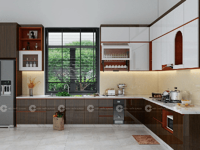 Tủ Bếp MDF Phủ Acrylic Có Khoang Tủ Lạnh Và Bàn Thờ Ông Táo 1