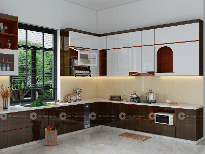 Tủ Bếp MDF Phủ Acrylic Có Khoang Tủ Lạnh Và Bàn Thờ Ông Táo 0