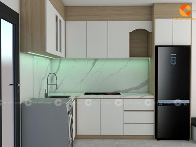 Tủ Bếp Gỗ Công Nghiệp MDF Chữ L Tích Hợp Bàn Thờ Ông Táo 2