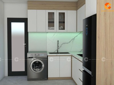 Tủ Bếp Gỗ Công Nghiệp MDF Chữ L Tích Hợp Bàn Thờ Ông Táo 1