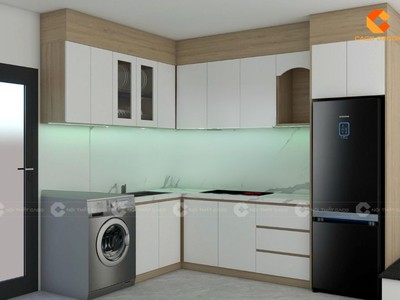 Tủ Bếp Gỗ Công Nghiệp MDF Chữ L Tích Hợp Bàn Thờ Ông Táo 0