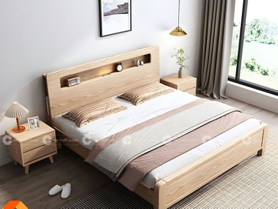 Giường Ngủ Gỗ Tự Nhiên Chân Thấp Phong Cách Mới 0