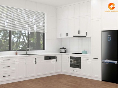 Tủ Bếp Gỗ Công Nghiệp Chữ L Phủ Sơn Trắng 2