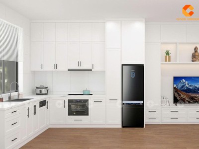 Tủ Bếp Gỗ Công Nghiệp Chữ L Phủ Sơn Trắng 0