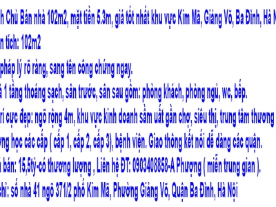 Chính chủ bán nhà 102m2, mặt tiền 5.3m, giá tốt nhất khu vực kim mã, giảng võ, ba đình, hà nội 1
