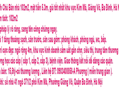 Chính chủ bán nhà 102m2, mặt tiền 5.3m, giá tốt nhất khu vực kim mã, giảng võ, ba đình, hà nội 2