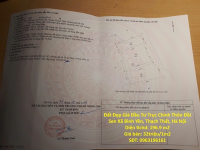 Đất đẹp giá đầu tư trục chính thôn đồi sen xã bình yên, thạch thất, hà nội 0