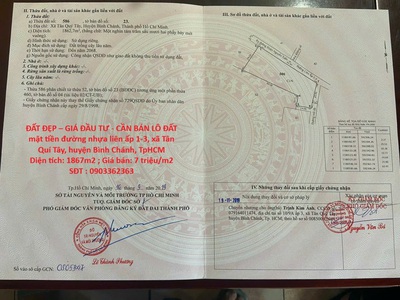 Đất đẹp   giá đầu tư - cần bán lô đất  mặt tiền đường nhựa liên ấp 1-3, xã tân quí tây, huyện bình 0