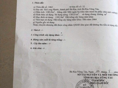 Cần bán đất long phước diện tích 1383m2 có thổ cư 120m2 đường nhựa lớn thích hợp xây 3