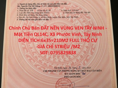 Chính chủ bán đất nền vùng ven tây ninh - mặt tiền ql14c, xã phước vinh, tây ninh 0