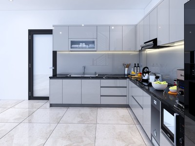 Tủ Bếp Nhựa Picomat Phủ Acrylic Bóng Gương Màu Xám 1