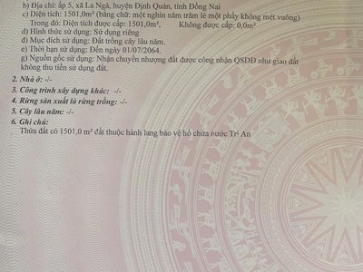 Chính chủ cần bán đất xã la ngà, định quán, đồng nai, sát hồ trị an,dt 1.501m2, giá đầu tư 1