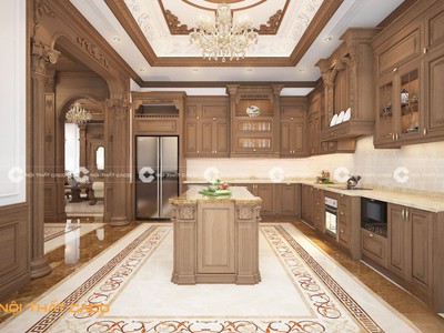 Tủ Bếp Gỗ Sồi Sơn Óc Chó Màu Nâu Ấm Kiểu Hiện Đại 0