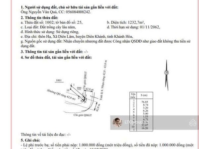 Bán đất vườn, diên lâm, diên khánh, mt tỉnh lộ 8, 1232m2, giá dưới 2 tỷ 1