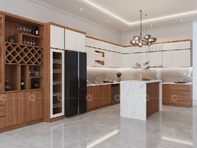 Tủ Bếp MDF Lõi Xanh Phủ Melamine Màu Óc Chó Phối Trắng 0