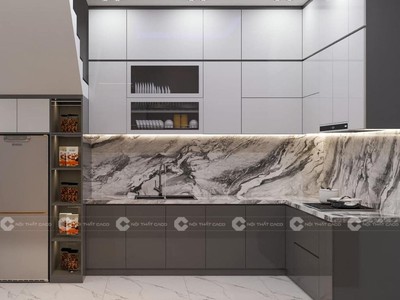 Tủ Bếp Gỗ Công Nghiệp Chữ L Trắng Phối Xám Tinh Tế 1