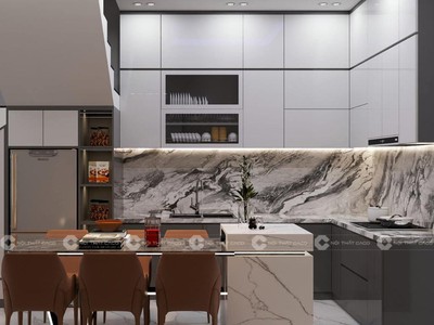 Tủ Bếp Gỗ Công Nghiệp Chữ L Trắng Phối Xám Tinh Tế 0