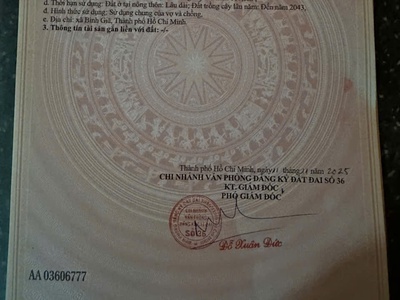 Chủ bán lô đất tại xã bình gia tp hô chi minh dien tích 197m2 có 80 thô cư 1