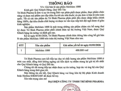 Thông báo giá bán chính thức sản phẩm Mefolats năm 2026 0