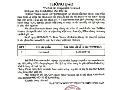 Thông báo giá bán chính thức sản phẩm Novaxeed năm 2026 0