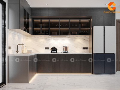 Tủ Bếp Gỗ Công Nghiệp Chữ L Phủ Sơn Đen Ấn Tượng 2