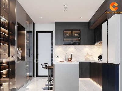 Tủ Bếp Gỗ Công Nghiệp Chữ L Phủ Sơn Đen Ấn Tượng 1