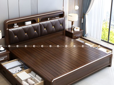 Giường Ngủ Gỗ Sồi Tự Nhiên Bọc Đầu Nệm Sang Trọng 1