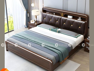 Giường Ngủ Gỗ Sồi Tự Nhiên Bọc Đầu Nệm Sang Trọng 0