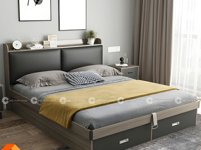 Giường Ngủ Gỗ Công Nghiệp Bọc Nệm Đầu Giường 2 Hộc Kéo 2