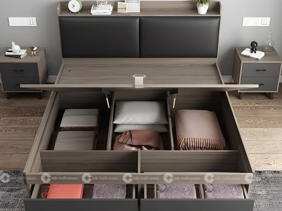 Giường Ngủ Gỗ Công Nghiệp Bọc Nệm Đầu Giường 2 Hộc Kéo 1