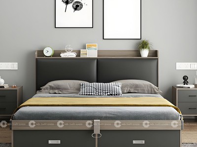 Giường Ngủ Gỗ Công Nghiệp Bọc Nệm Đầu Giường 2 Hộc Kéo 0
