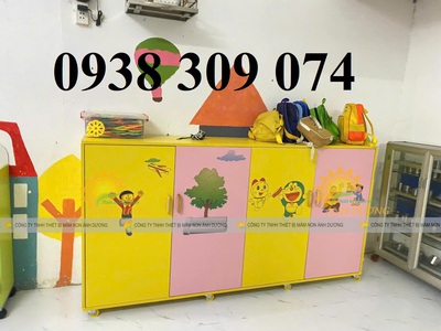 Tủ chăn gối mầm non bằng gỗ, tủ đựng chăn gối trẻ em MDF 4