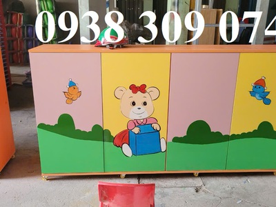 Tủ chăn gối mầm non bằng gỗ, tủ đựng chăn gối trẻ em MDF 5