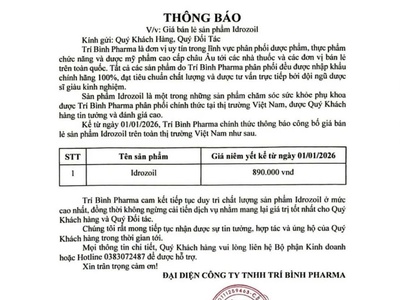Thông báo giá bán lẻ chính thức Idrozoil năm 2026 0